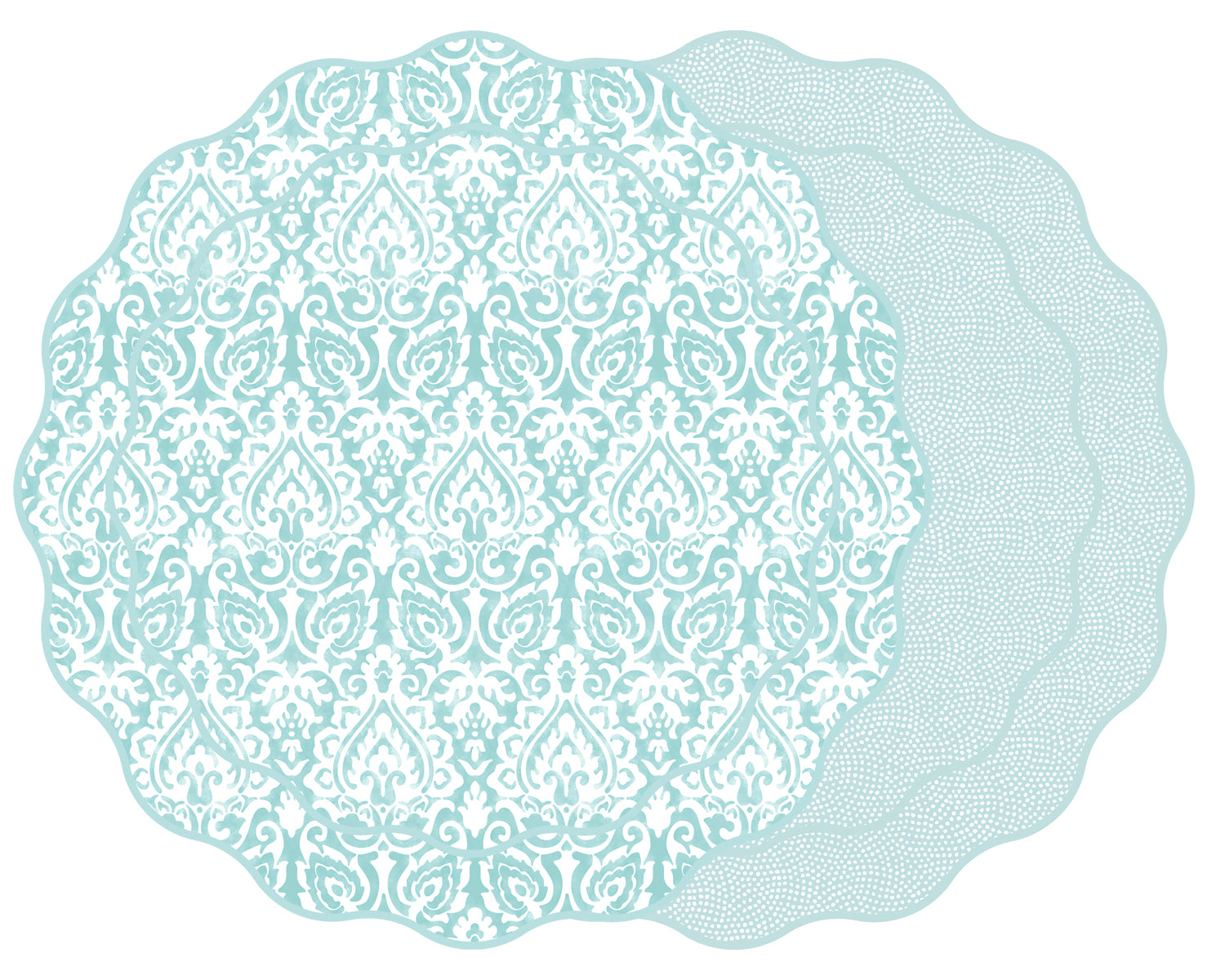 SCALLOP TWO SIDED DAMASK PLACEMAT WITH DOT FAN ~  SEA