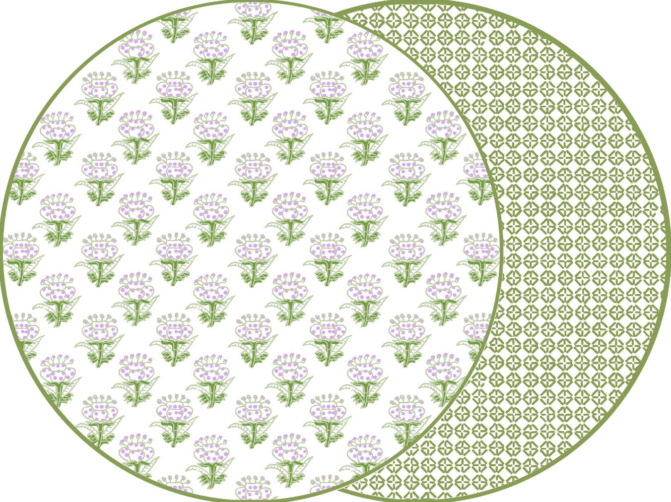 ROUND TWO SIDED PETITE FLEUR  AND JAIPUR PLACEMAT ~ GREEN/LAVENDER