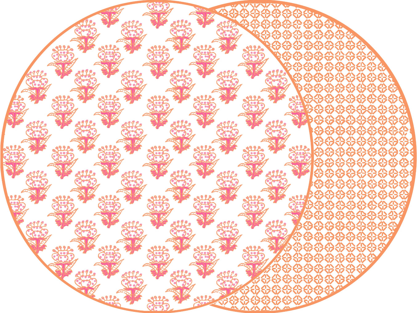 ROUND TWO SIDED PETITE FLEUR  AND JAIPUR PLACEMAT ~ PINK/ORANGE