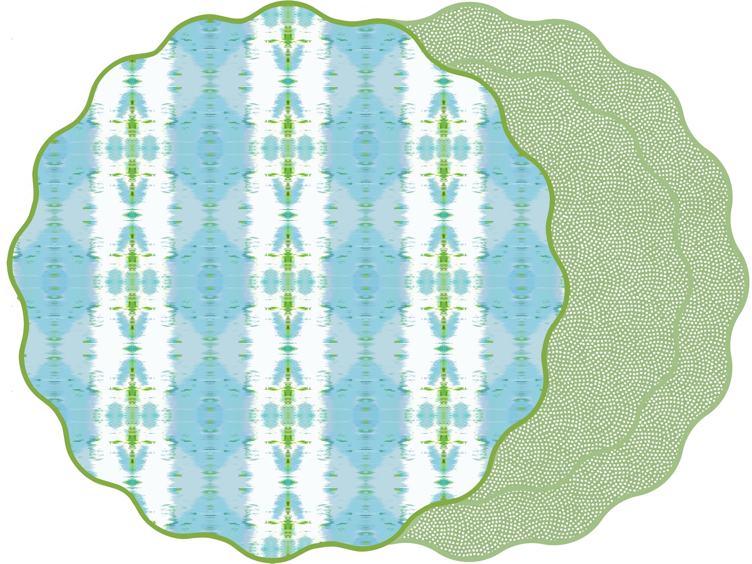 TWO SIDED SCALLOP LAURA PARK BLUE PASSION AND SAXON GREEN DOT FAN PLACEMAT