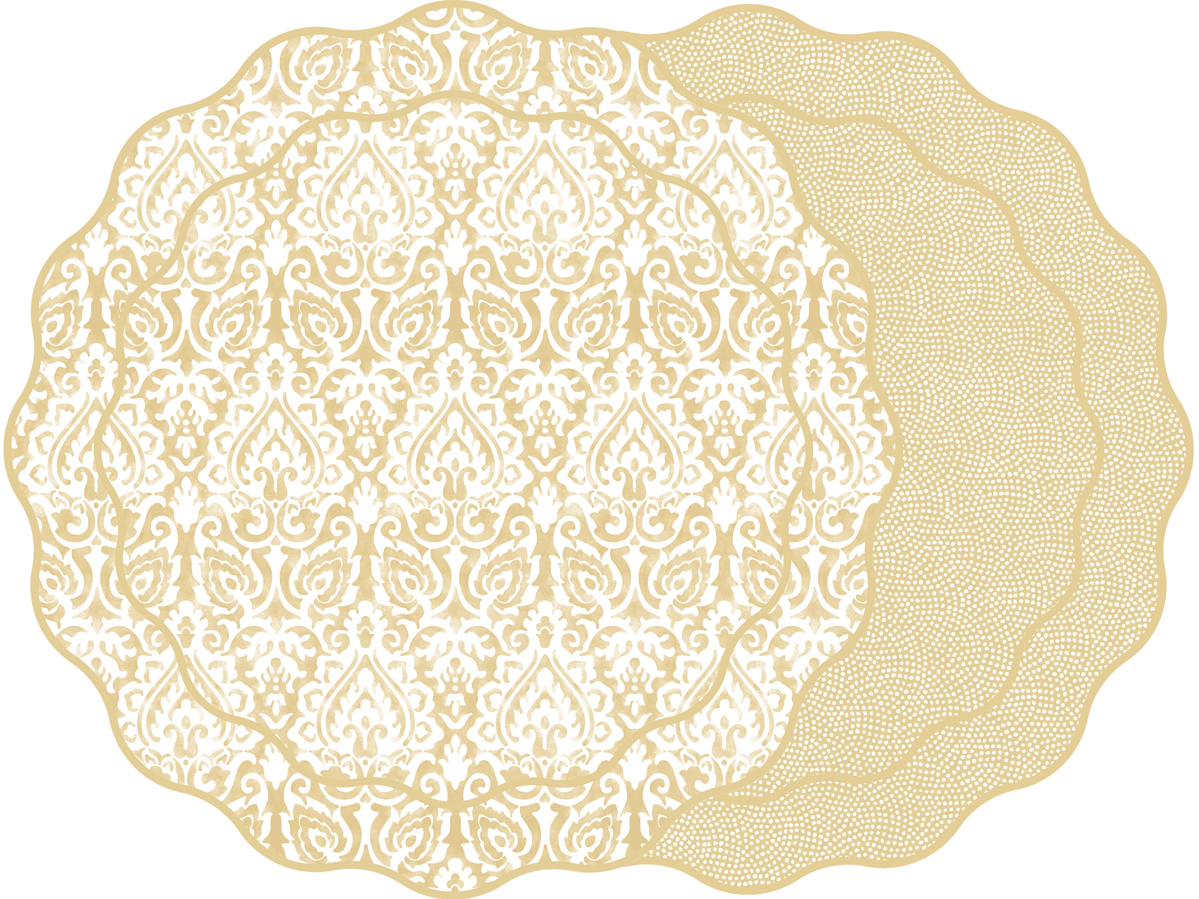 SCALLOP TWO SIDED DAMASK PLACEMAT WITH DOT FAN ~ LATTE