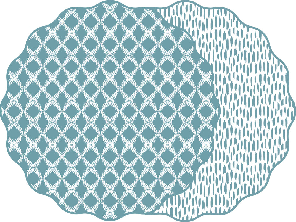 SCALLOP TWO SIDED COTTON & QUILL TRELLIS  PLACEMAT WITH DOT FAN ~ FRENCH BLUE