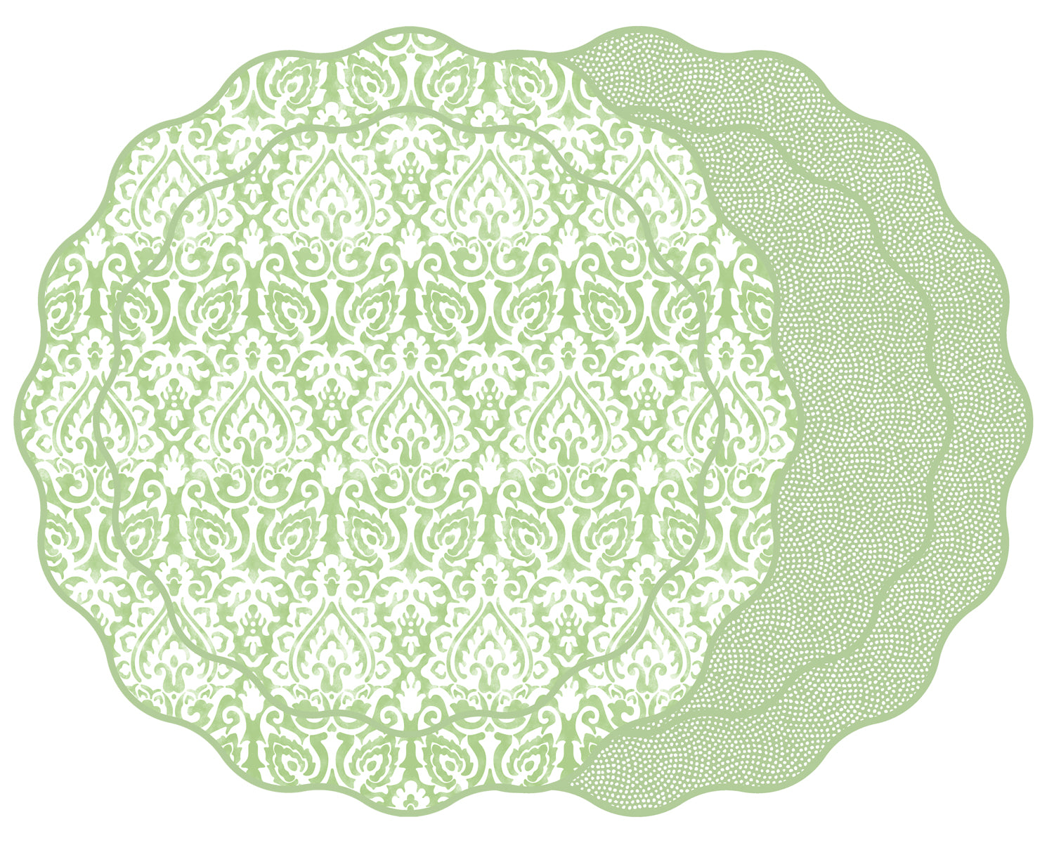 SCALLOP TWO SIDED DAMASK PLACEMAT WITH DOT FAN ~ GRASS