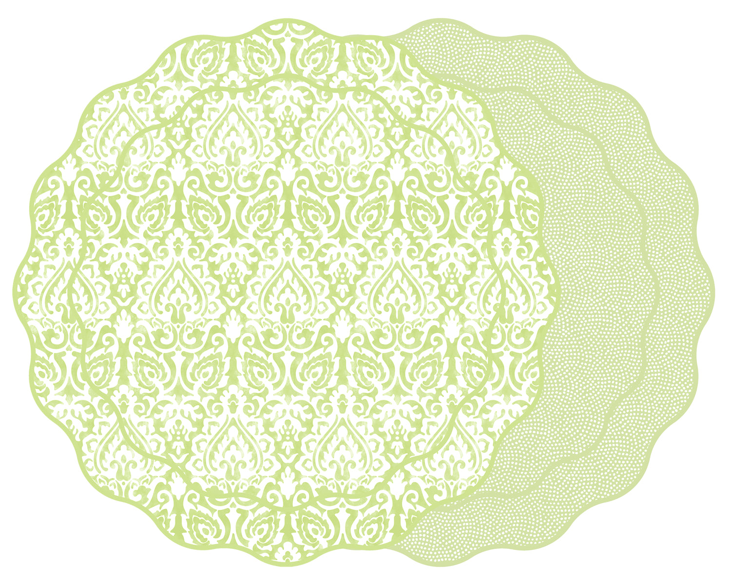 SCALLOP TWO SIDED DAMASK PLACEMAT WITH DOT FAN ~ LIME
