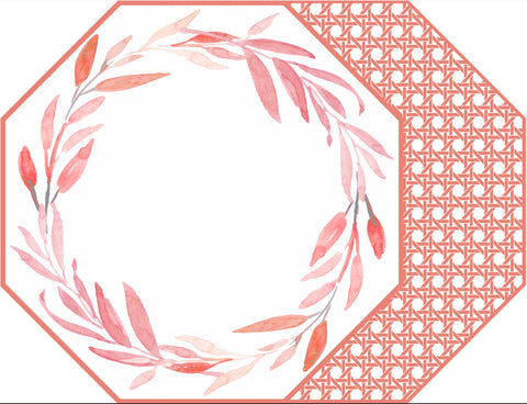 OCTAGONAL TWO SIDED LEAVES WREATH PLACEMAT WITH CANE ~ ROSE