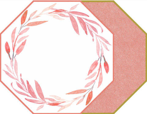 OCTAGONAL TWO SIDED LEAVES WREATH PLACEMAT WITH DOT FAN ~ ROSE