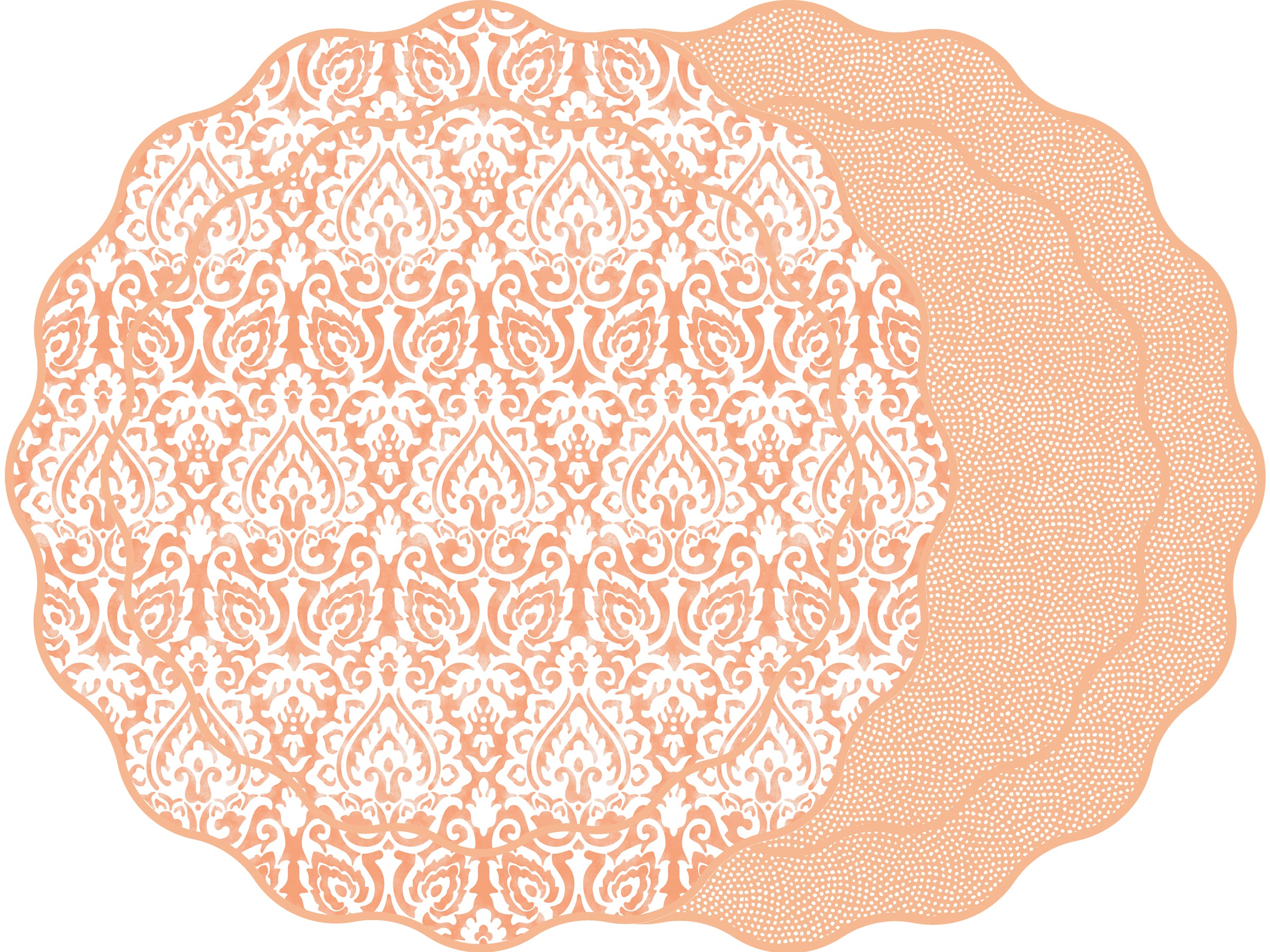 SCALLOP TWO SIDED DAMASK PLACEMAT WITH DOT FAN ~ PUMPKIN