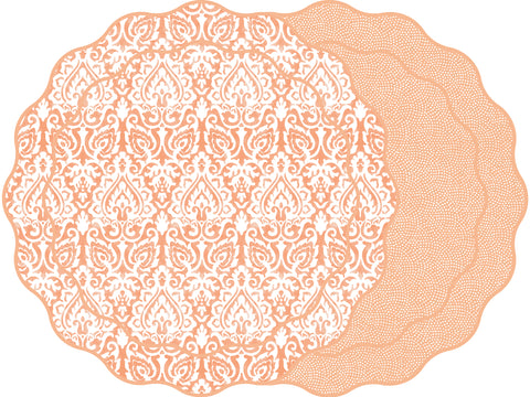 SCALLOP TWO SIDED DAMASK PLACEMAT WITH DOT FAN ~ PUMPKIN