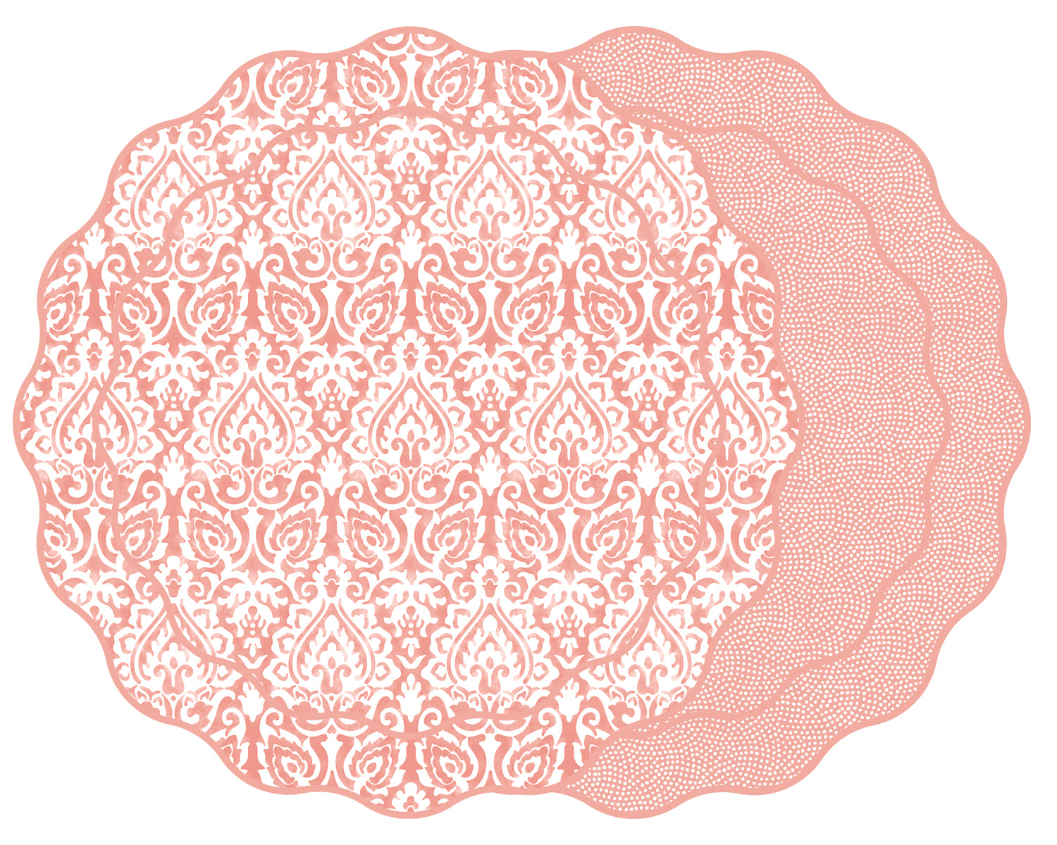 SCALLOP TWO SIDED DAMASK PLACEMAT WITH DOT FAN ~  WATERMELON