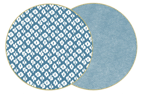 ROUND TWO SIDED IKAT AND DOT FAN PLACEMAT ~ CHINESE BLUE